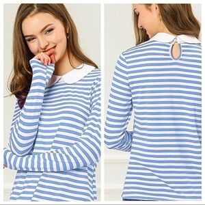 Allegra K Women's Long Sleeves Peter Pan Contrast Striped Blouse Top
